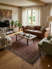 5' x 8' Rectangular Brown & Rust Repeating Medallion Traditional Washable Area Rug placed in a cozy living room beneath a wooden coffee table.