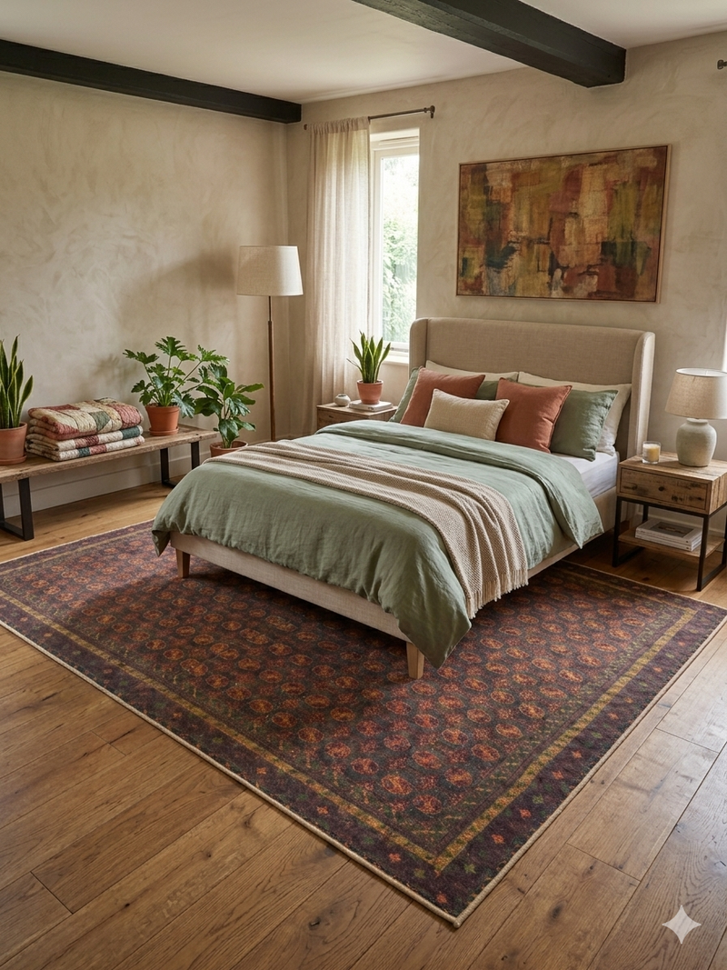 5' x 8' Rectangular Brown & Rust Repeating Medallion Traditional Washable Area Rug styled in a warm bedroom under a neatly made bed.