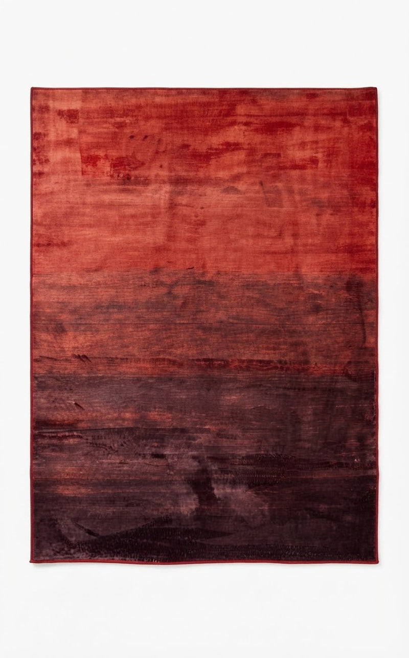 5' x 8' Rectangular Burgundy & Red Distressed Abstract Modern Area Rug featuring a rich red-to-burgundy gradient with subtle distressed textures.