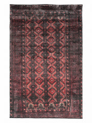 5' x 8' Rectangular Charcoal Black & Burgundy Red Distressed Tribal Geometric Vintage Area Rug featuring repeating diamond motifs, faded tribal patterns, and decorative borders.