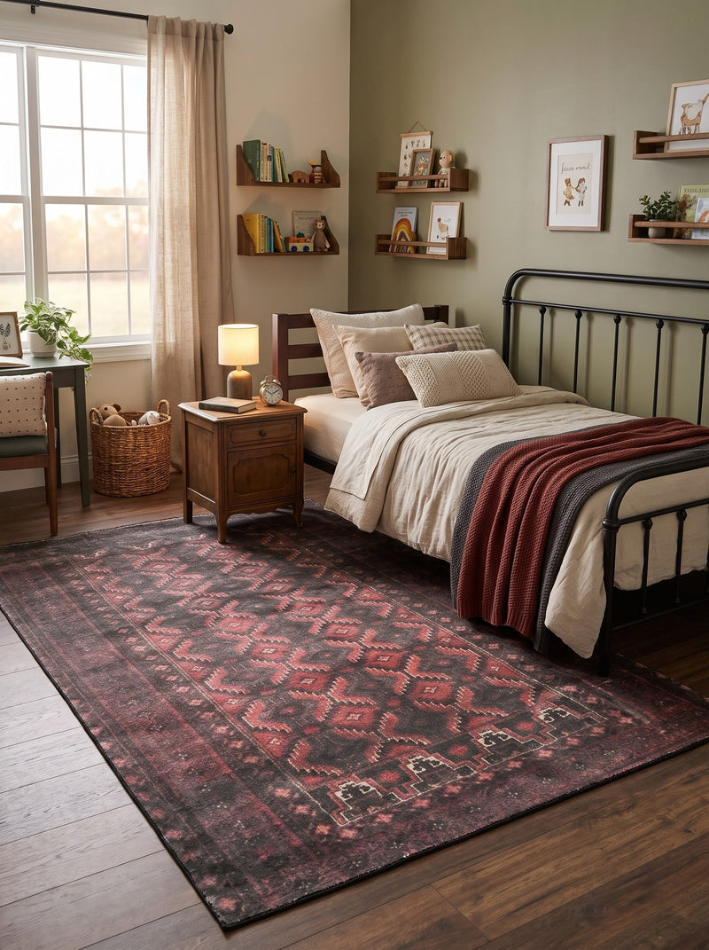 5' x 8' Rectangular Charcoal Black & Burgundy Red Distressed Tribal Geometric Vintage Area Rug placed in a bedroom with a wooden bed and burgundy blanket.