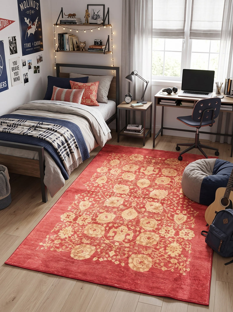 5' x 8' Rectangular Coral Red & Ivory Floral Medallion Traditional Area Rug placed in a bedroom with a wooden bed and study desk.
