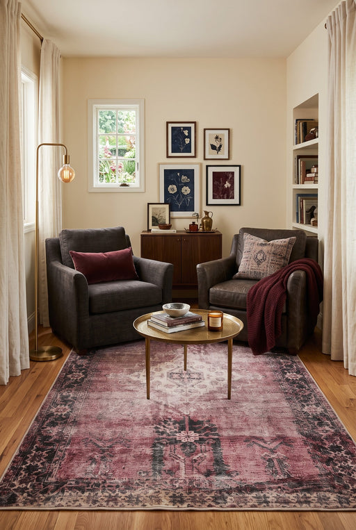 5' x 8' Rectangular Dusty Pink & Ivory Distressed Medallion Vintage Traditional Area Rug styled in a living room with two charcoal gray armchairs and a gold coffee table.