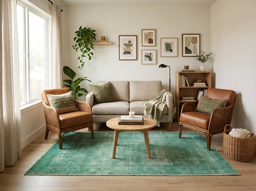 5' x 8' Rectangular Emerald Green & Sage Green Distressed Abstract Modern Area Rug styled in a living room with a beige sofa and brown leather accent chairs.