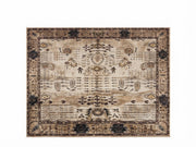 5' x 8' Rectangular Ivory Beige & Black Distressed Tribal Floral Medallion Vintage Traditional Area Rug featuring symmetrical botanical motifs, geometric tribal detailing, a dark ornamental border, and a faded antique finish.