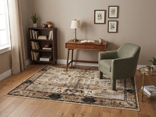 5' x 8' Rectangular Ivory Beige & Black Distressed Tribal Floral Medallion Vintage Traditional Area Rug styled in a reading nook with a sage green armchair and wooden writing desk.