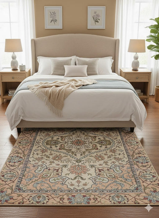 5' x 8' Rectangular Ivory & Beige Ornate Floral Medallion Traditional Persian Style Area Rug placed in a bedroom beneath a cream upholstered bed with wooden nightstands.