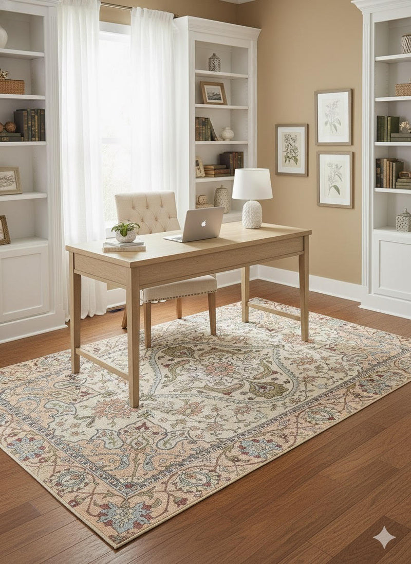 5' x 8' Rectangular Ivory & Beige Ornate Floral Medallion Traditional Persian Style Area Rug placed in a home office beneath a light wood desk and cream upholstered chair.