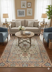 5' x 8' Rectangular Ivory & Beige Ornate Floral Medallion Traditional Persian Style Area Rug styled in a living room with a beige sofa, blue accent chairs, and a round wooden coffee table.