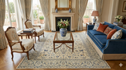 5' x 8' Rectangular Ivory Blue Floral Traditional Oriental Area Rug styled in a traditional living room.