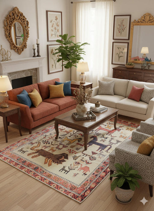 5' x 8' Rectangular Ivory / Cream & Multi-Color Tribal Animal Motif Traditional Area Rug placed in a cozy living room with light wood floors, a white fireplace, framed wall art, a rust sofa, a cream sofa, a wooden coffee table, and soft natural light from a window with sheer curtains.