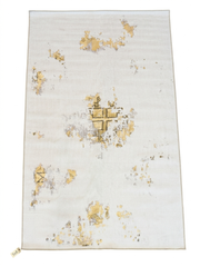 5' x 8' Rectangular Ivory & Gold Distressed Abstract Modern Washable Area Rug isolated on a white background.