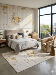5' x 8' Rectangular Ivory & Gold Distressed Abstract Modern Washable Area Rug styled in a bedroom with neutral tones and gold accents.