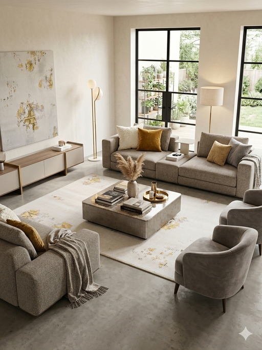 5' x 8' Rectangular Ivory & Gold Distressed Abstract Modern Washable Area Rug styled in a living room with soft neutral seating and contemporary accents.
