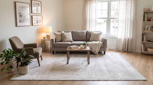 5' x 8' Rectangular Ivory & Light Gray Distressed Floral Medallion Vintage Transitional Area Rug styled in a living room with a gray sofa and wooden coffee table.