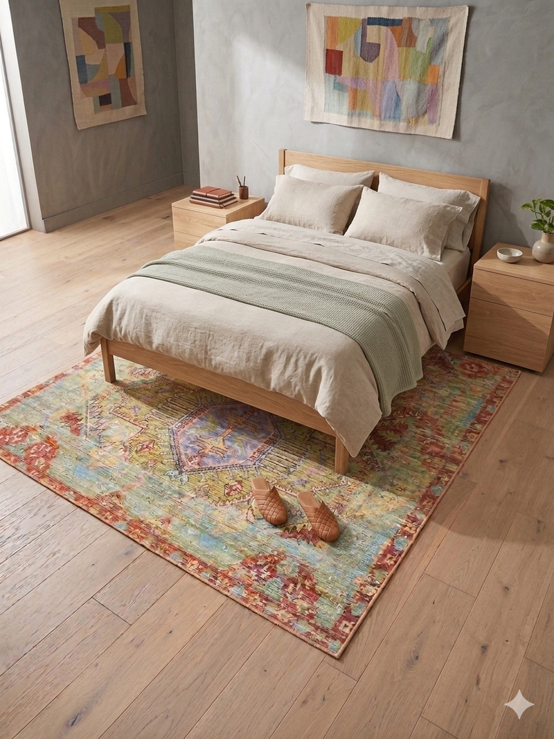 5' x 8' Rectangular Multicolor Distressed Tribal Geometric Vintage Washable Area Rug styled in a bedroom with light wood furniture and soft neutral bedding.