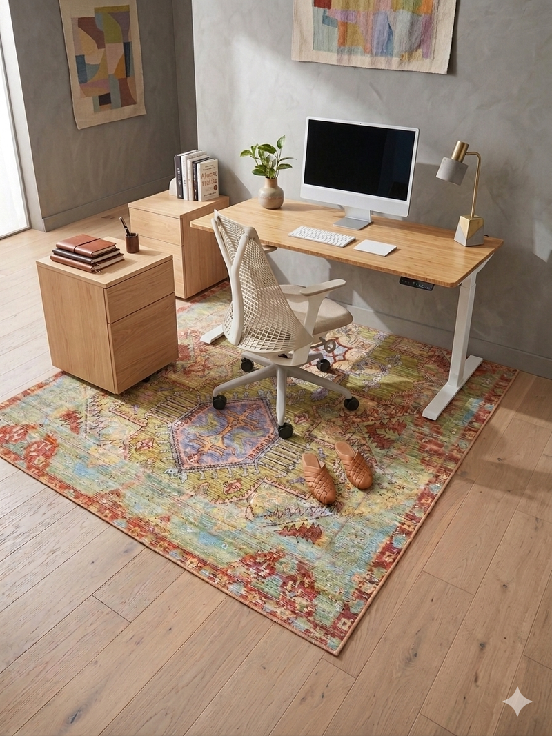 5' x 8' Rectangular Multicolor Distressed Tribal Geometric Vintage Washable Area Rug styled in a home office with a light wood desk, modern chair, and minimal decor.