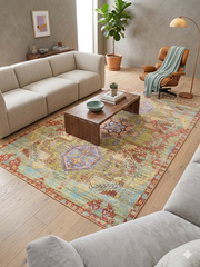 5' x 8' Rectangular Multicolor Distressed Tribal Geometric Vintage Washable Area Rug styled in a living room with neutral seating, wood furniture, and soft natural light.