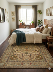 5' x 8' Rectangular Multicolor Floral Medallion Traditional Area Rug placed in a bedroom with a wooden bed and white bedding.