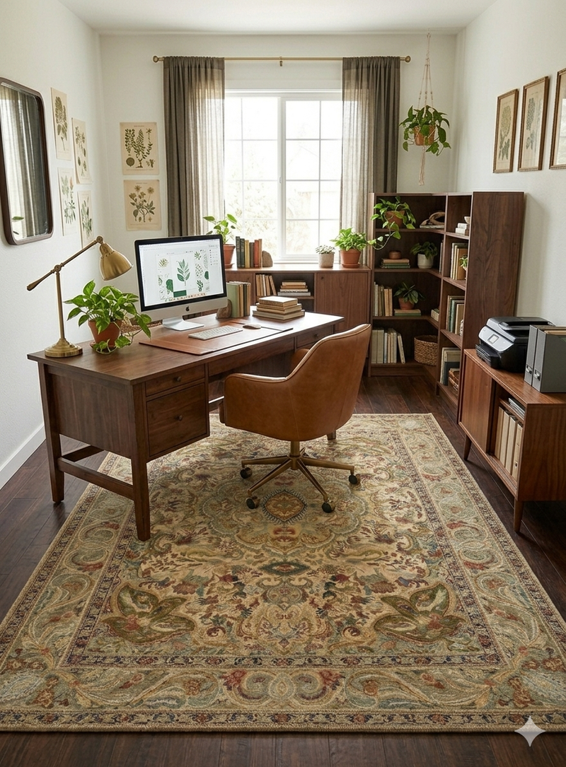 5' x 8' Rectangular Multicolor Floral Medallion Traditional Area Rug styled in a home office with a wooden desk and brown leather office chair.