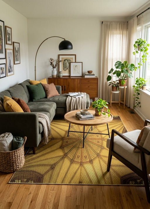 5' x 8' Rectangular Mustard Gold & Brown Geometric Medallion Modern Area Rug styled in a living room with a green sectional sofa and round wooden coffee table.