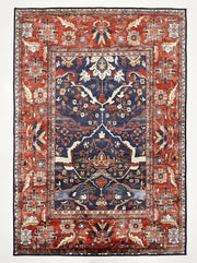 5' x 8' Rectangular Navy Blue & Rust Floral Border Traditional Area Rug featuring intricate ivory floral motifs on a navy blue center with a rust floral border.