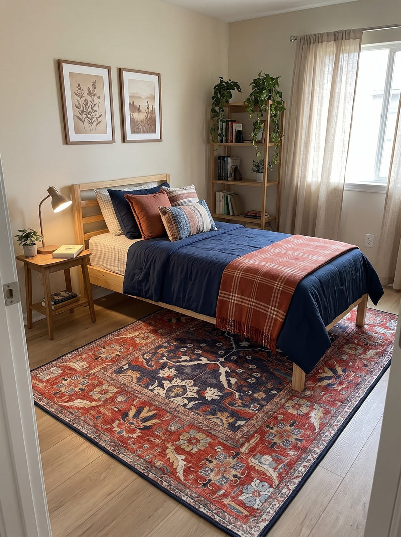 5' x 8' Rectangular Navy Blue & Rust Floral Border Traditional Area Rug placed in a bedroom with a wooden bed and navy bedding.
