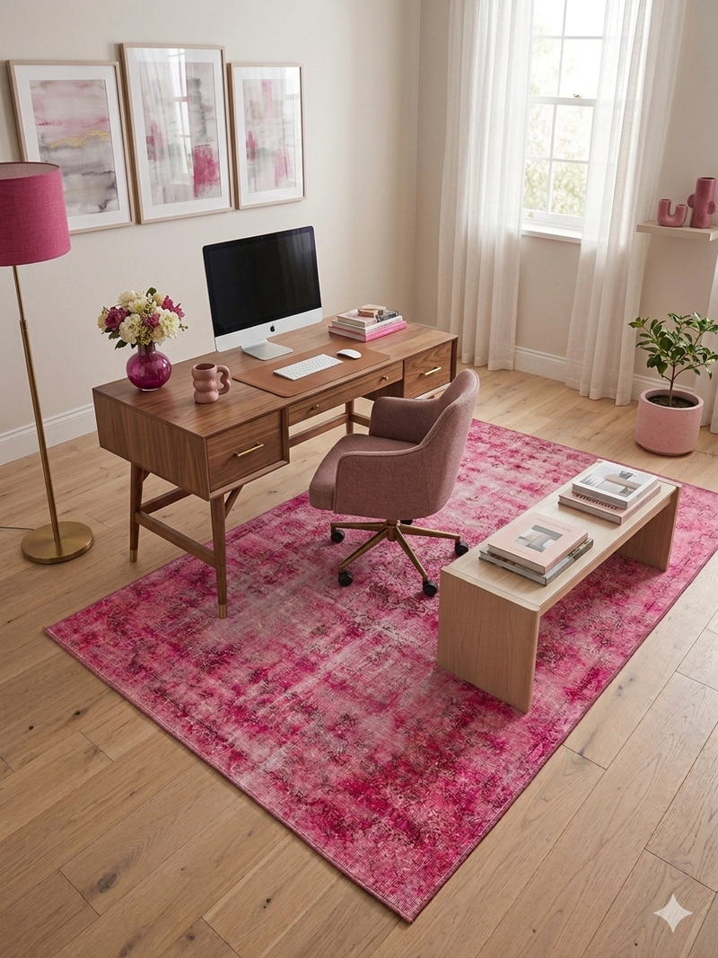 5' x 8' Rectangular Pink Distressed Oriental Vintage Area Rug styled in a stylish home office with modern pink furnishings.