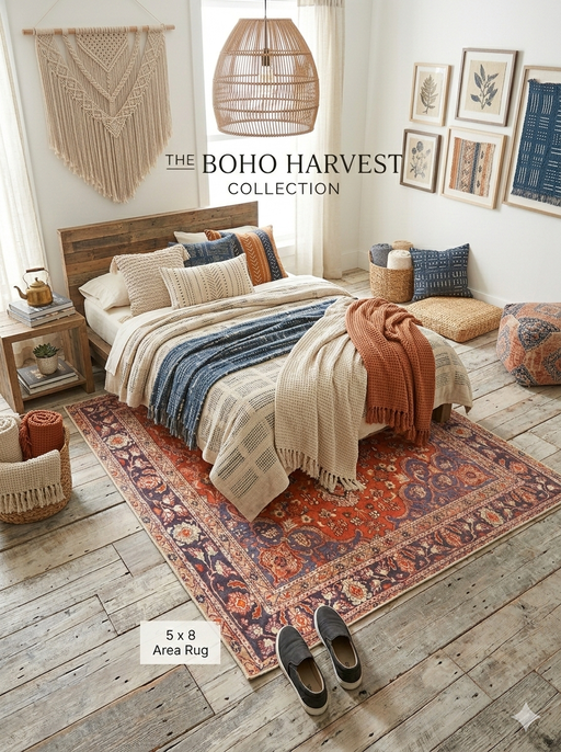 5' x 8' Rectangular Red & Blue Floral Medallion Traditional Persian Washable Area Rug styled in a cozy boho bedroom with wooden bed frame and woven wall décor.