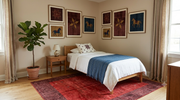 5' x 8' Rectangular Red & Burgundy Distressed Solid Border Contemporary Area Rug placed in a bedroom with a wooden bed and blue throw blanket.