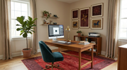 5' x 8' Rectangular Red & Burgundy Distressed Solid Border Contemporary Area Rug styled in a home office with a wooden desk and teal office chair.
