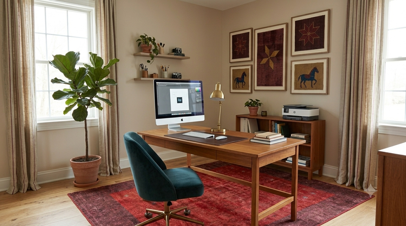 5' x 8' Rectangular Red & Burgundy Distressed Solid Border Contemporary Area Rug styled in a home office with a wooden desk and teal office chair.