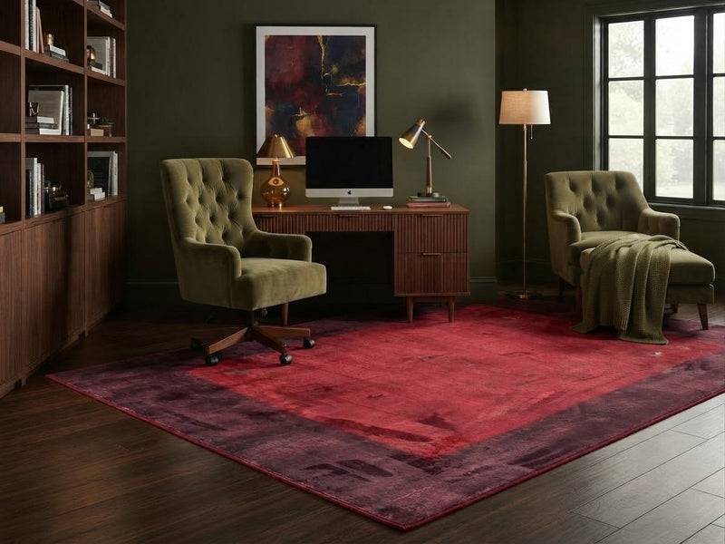 5' x 8' Rectangular Red & Burgundy Distressed Solid Border Modern Area Rug styled in a home office with a wooden desk and olive green chairs.