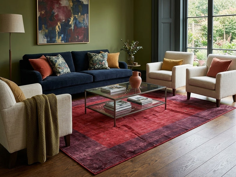 5' x 8' Rectangular Red & Burgundy Distressed Solid Border Modern Area Rug styled in a living room with a navy blue sofa and glass coffee table.