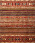 5' x 8' Rectangular Red Multi Color Contemporary Oriental Area Rug product view highlighting the vibrant striped oriental pattern and multicolor design.