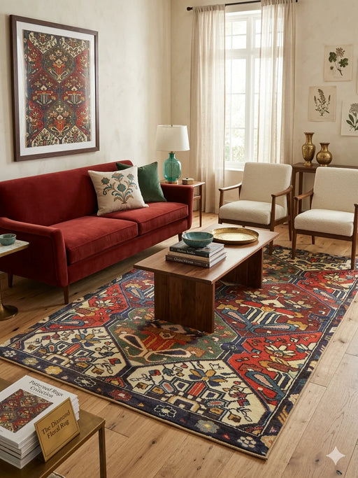 5' x 8' Rectangular Red & Multi Color Geometric Floral Tribal Vintage Area Rug styled in a living room with a red sofa and wooden coffee table.