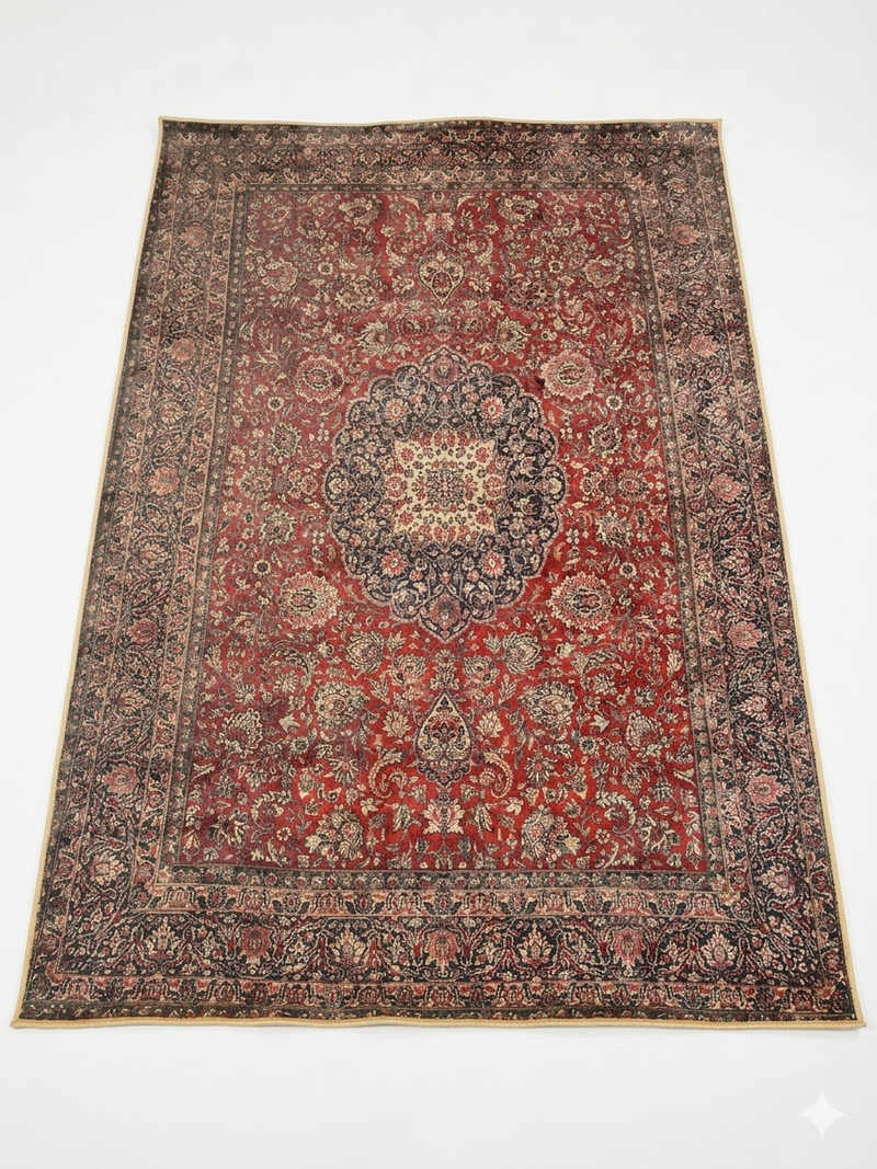 5' x 8' Rectangular Red & Navy Floral Medallion Traditional Area Rug displayed on a plain background.