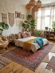 5' x 8' Rectangular Red & Navy Floral Medallion Traditional Area Rug styled in a warm boho bedroom under a low platform bed.