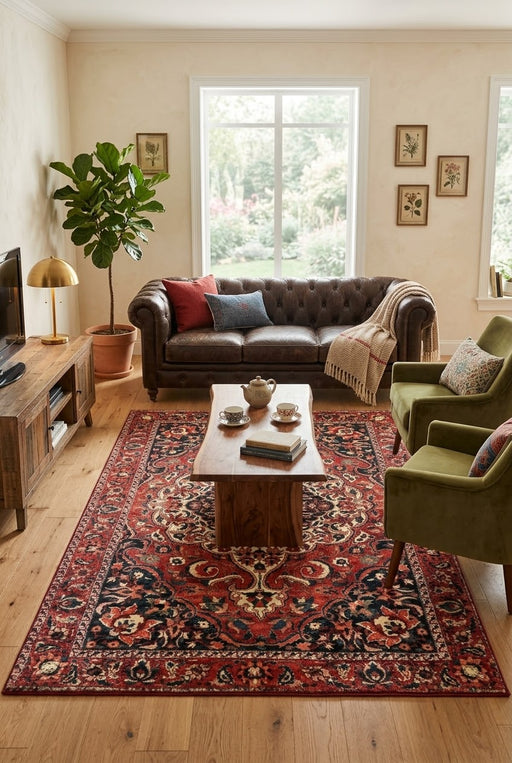 5' x 8' Rectangular Red Navy & Ivory Floral Medallion Traditional Area Rug styled in a living room with a brown leather sofa and green accent chairs.