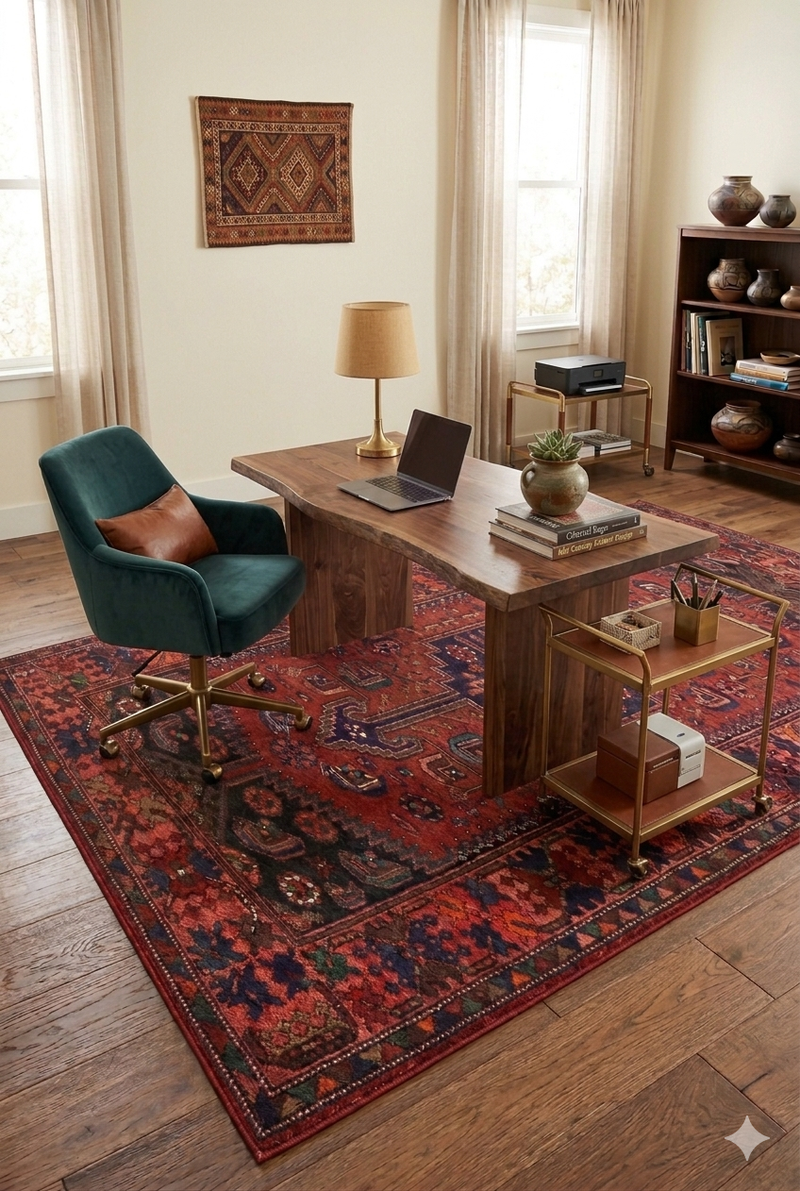 5' x 8' Rectangular Red & Navy Tribal Geometric Traditional Washable Area Rug styled in a home office with a wooden desk, shelving, and warm natural light.