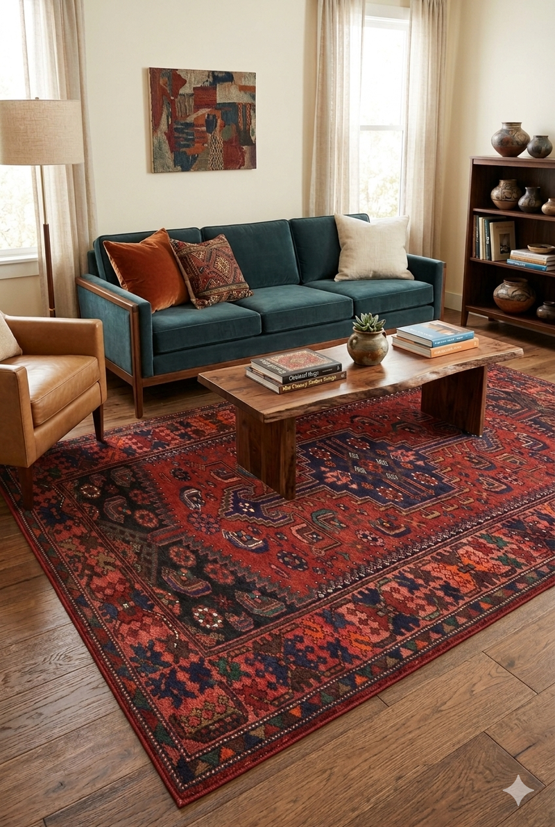 5' x 8' Rectangular Red & Navy Tribal Geometric Traditional Washable Area Rug styled in a living room with a sofa, accent chairs, and warm-toned decor.