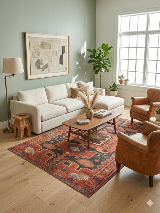 5' x 8' Rectangular Rust & Blue Geometric Tribal Southwestern Washable Area Rug styled in a living room with neutral seating and warm wood accents.