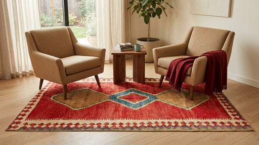 5' x 8' Rectangular Rust Red & Beige Blue Tribal Diamond Geometric Southwestern Vintage Area Rug styled in a reading nook with two beige armchairs and a wooden side table.