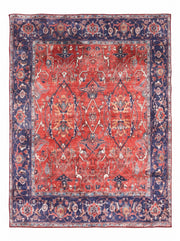 5' x 8' Rectangular Rust Red & Navy Blue Distressed Floral Medallion Vintage Traditional Area Rug featuring ornate floral medallions, scrolling vine motifs, and a decorative navy floral border.