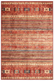 5' x 8' Rectangular Rust Red & Navy Blue Striped Tribal Southwestern Area Rug featuring multicolored horizontal stripes, geometric tribal motifs, and decorative patterned bands.