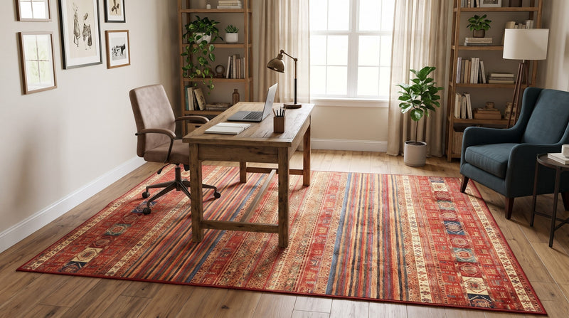 5' x 8' Rectangular Rust Red & Navy Blue Striped Tribal Southwestern Area Rug styled in a home office with a wooden desk and brown office chair.