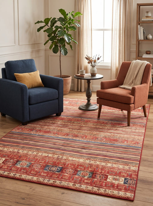 5' x 8' Rectangular Rust Red & Navy Blue Striped Tribal Southwestern Area Rug styled in a living room with navy blue and terracotta accent chairs.