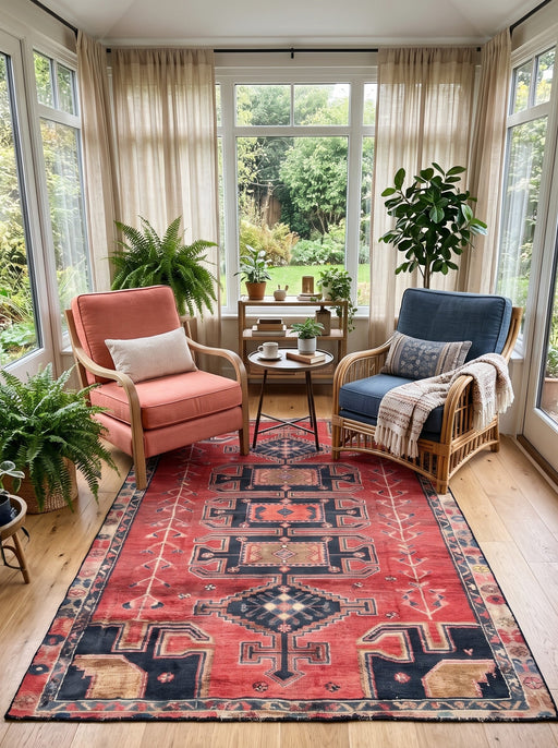 5' x 8' Rectangular Rust Red & Navy Blue Tribal Geometric Southwestern Area Rug styled in a living room with coral and blue accent chairs.