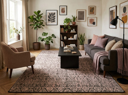 5' x 8' Rectangular Taupe Beige & Charcoal Geometric Medallion Transitional Area Rug styled in a living room with a charcoal gray sofa and black coffee table.