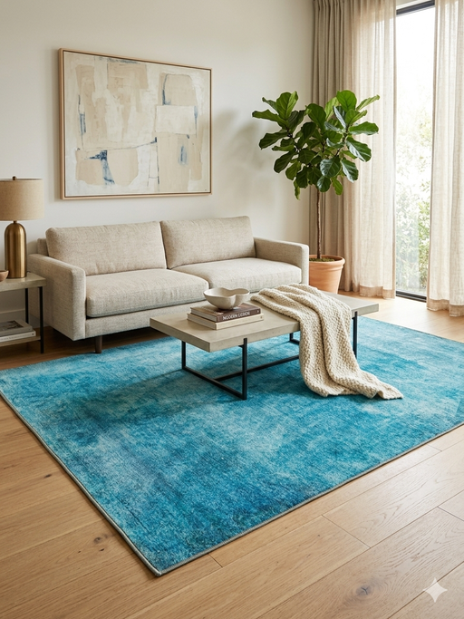 5' x 8' Rectangular Teal & Aqua Distressed Abstract Modern Area Rug styled in a living room with neutral seating and soft textures.